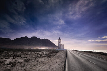 Carretera y la ermita de Cabo de Gata Almeria , Andalucia . Espa&ntilde;a