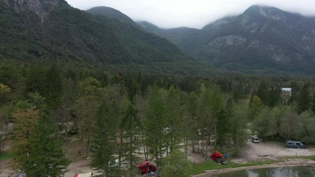 Flying over the beautiful lake Bohinj in Slovenia