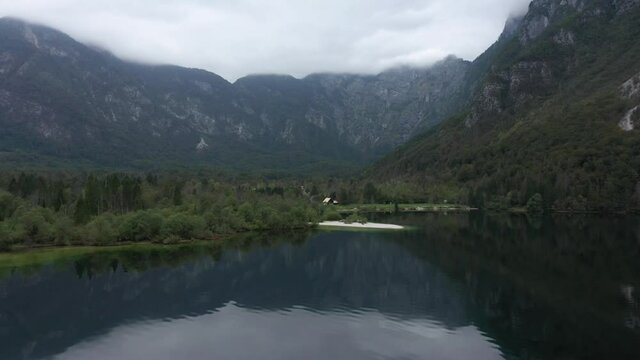 Flying over the beautiful lake Bohinj in Slovenia