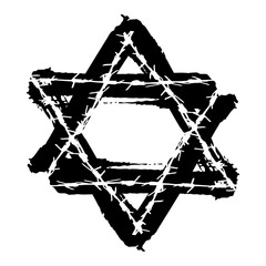 Ink brush and Barbed wire David star. Black grunge israel hebrew icon. Jewish  hanuka symbol on white background. Judaism religion tattoo graphic sketch. Vector illustration