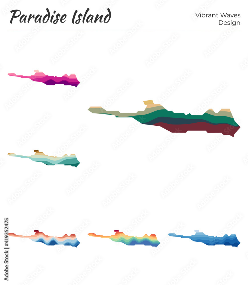 Poster set of vector maps of paradise island. vibrant waves design. bright map of island in geometric smoot