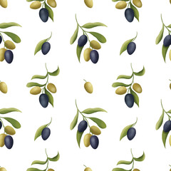Seamless olives pattern. Hand drawn digital illustration of olives. Olives background.