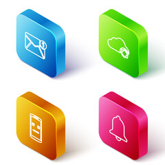 Set Isometric line New, email incoming message, Cloud sync refresh, Dead mobile and Ringing bell icon. Vector.