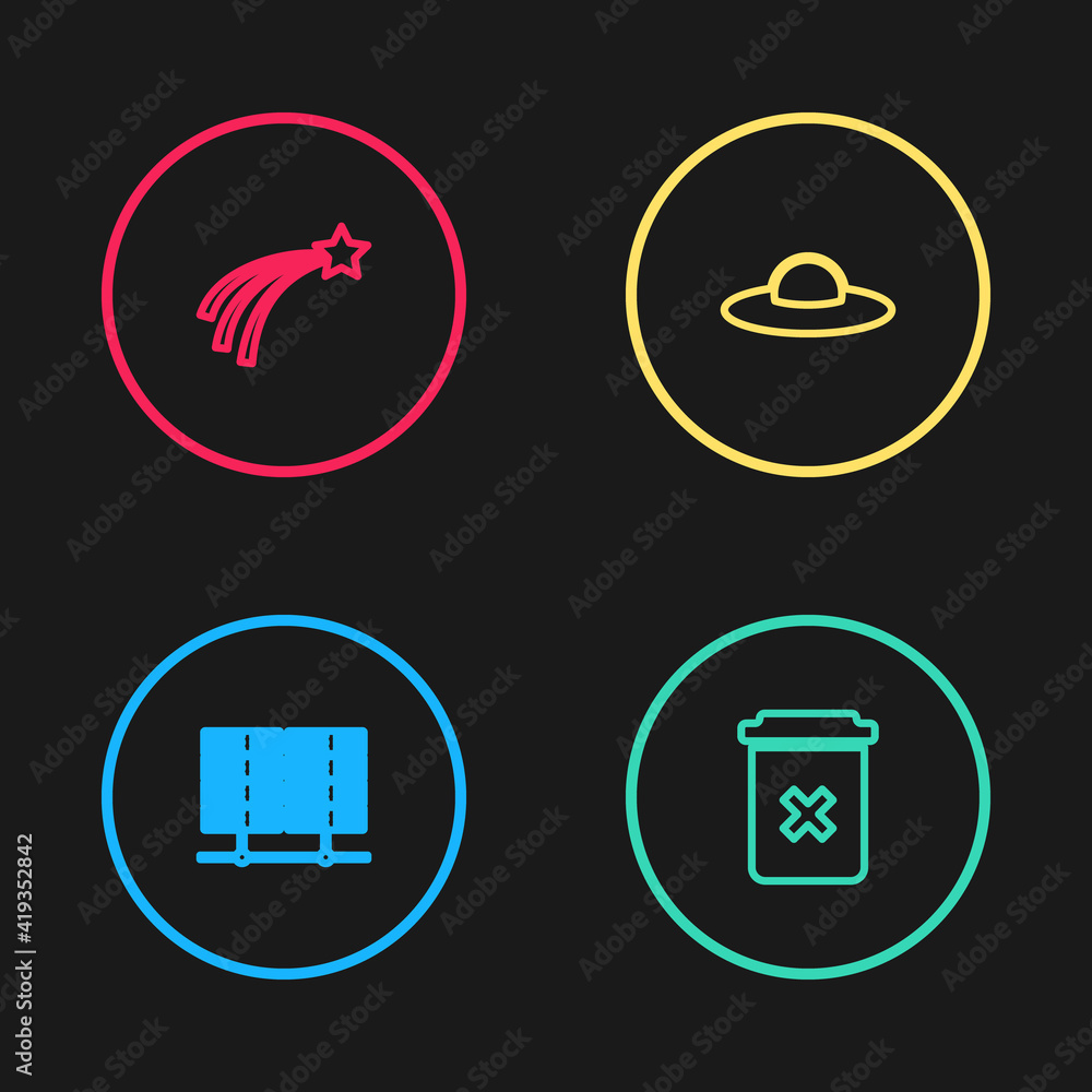 Poster set line server, data, web hosting, trash can, ufo flying spaceship and falling star icon. vector.