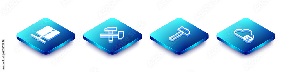 Poster set isometric line server, data, web hosting, two crossed hammers, hammer and cloud mail server icon
