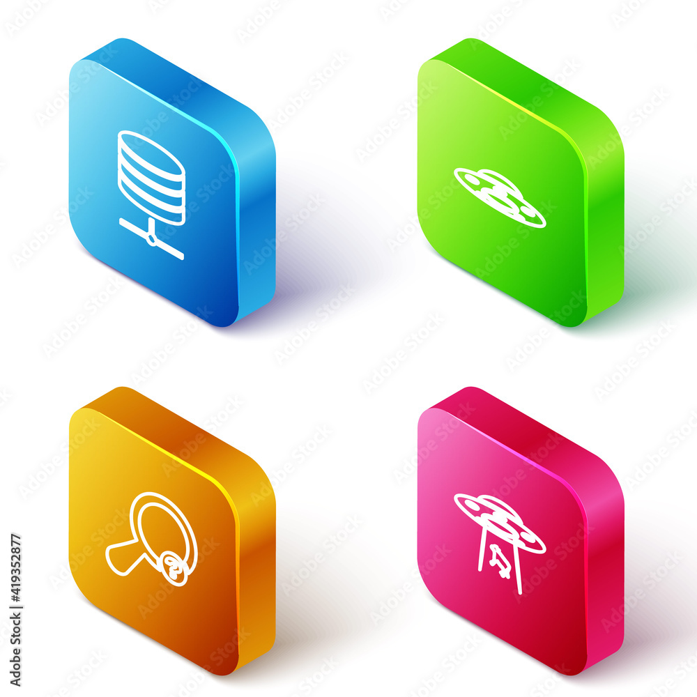 Poster set isometric line server, data, web hosting, ufo flying spaceship, unknown search and abducts cow i