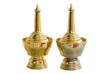 Fototapeta na wymiar Brass sprinkling water in Thai style, with a Buddhist ceremony, white background.