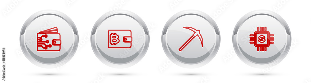 Poster set line cryptocurrency wallet, , pickaxe and processor chip with dollar. silver circle button. vect
