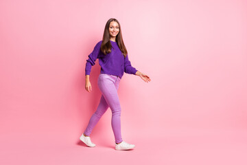 Fototapeta na wymiar Full size profile photo of optimistic girl do selfie point up wear lilac sweater sneakers isolated on pastel pink color background