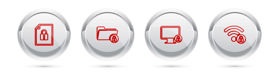 Set line Document and lock, Folder, Lock on monitor and Wifi locked. Silver circle button. Vector.