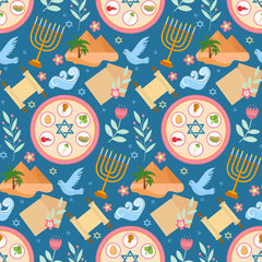 Passover seamless pattern. Pesach endless background, texture. Jewish holiday backdrop. Vector illustration.