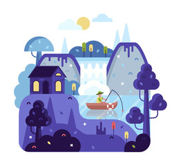 Naklejka premium Illustration in flat cartoon stile, fisherman with a fishing rod in the boat on the river. Forest landscape with lake, house and mountains. Vector cartoon picture 