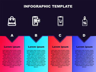 Set line Shopping bag with Sale, Mobile and shopping basket, cart and Discount percent tag. Business infographic template. Vector.