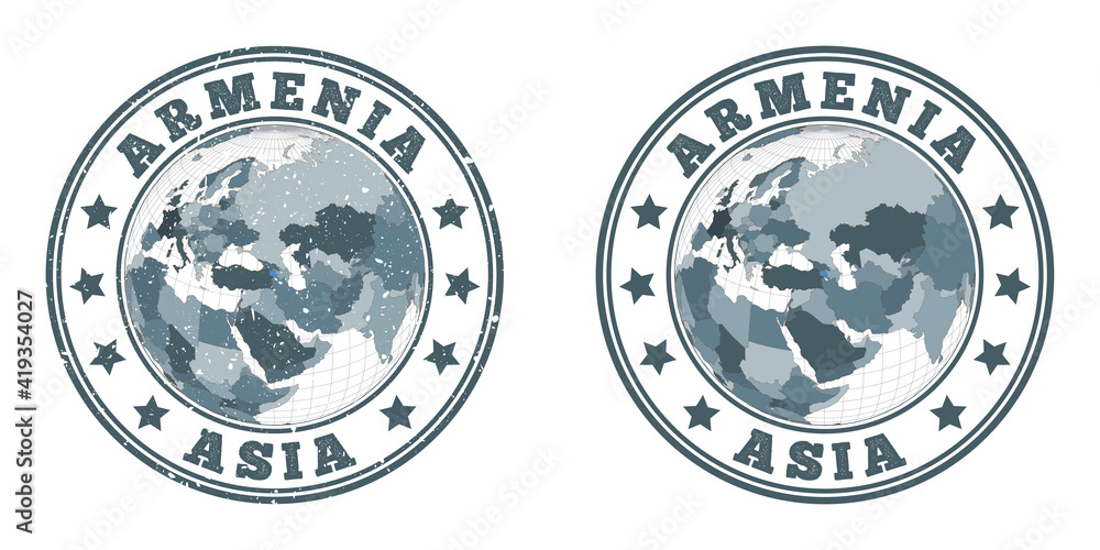 Aufkleber armenia round logos. circular badges of country with map of armenia in world context. plain and text