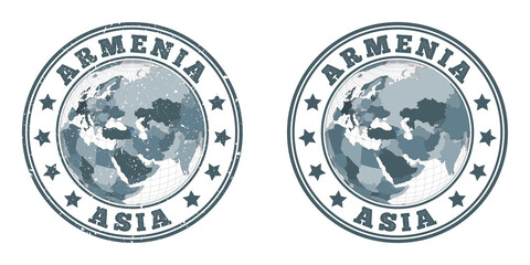 Armenia round logos. Circular badges of country with map of Armenia in world context. Plain and textured country stamps. Vector illustration.