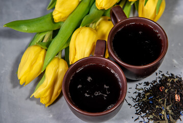 still life with coffee and tulips