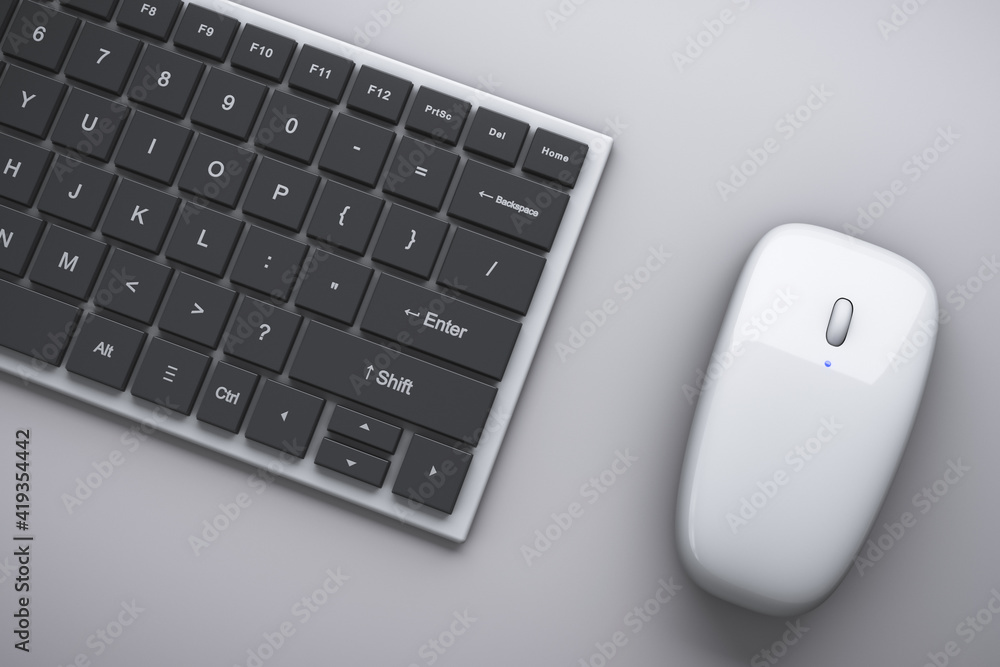 Poster computer keyboard and mouse on the table. office topics