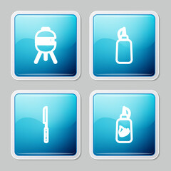 Set line Barbecue grill, Mustard bottle, knife and Ketchup icon. Vector.