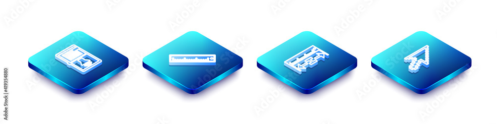 Poster set isometric line audio book, ruler, measuring height and length and pixel arrow cursor icon. vecto
