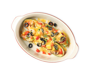Baking dish with delicious stuffed zucchinis on white background, top view
