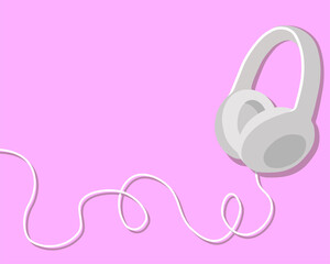 Vector illustration white headphones with cord on pink background.