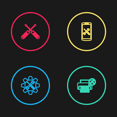 Set line Wrench and screwdriver in gear, Printer service, Smartphone and Crossed screwdrivers icon. Vector.