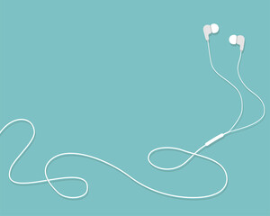 Vector illustration white headphones with cord on blue background.