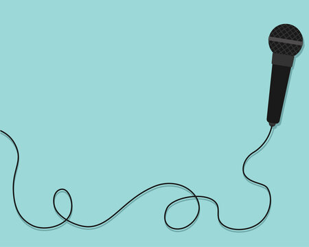 Vector illustration black microphone with cord on blue background.