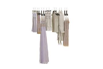 Elegant and trendy clothes for women hanging.