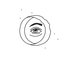 Hand drawn vector abstract stock flat graphic illustration with logo element line art of occult eye in circle in simple style for branding,isolated on white background