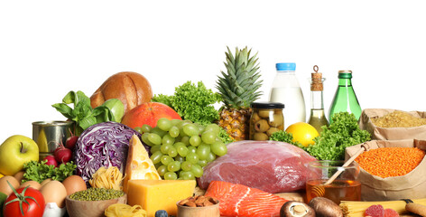 Different products on white background. Healthy food and balanced diet