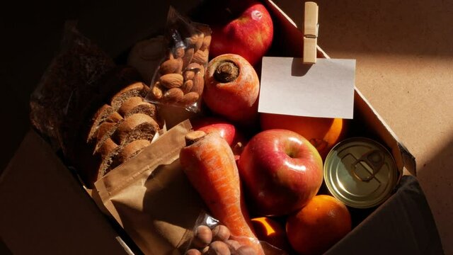 Healthy food delivery flat lay harsh shadows card mockup. Take away organic product package New normal online shopping supermarket restaurant delivery service concept.Breakfast fruits vegetables bread