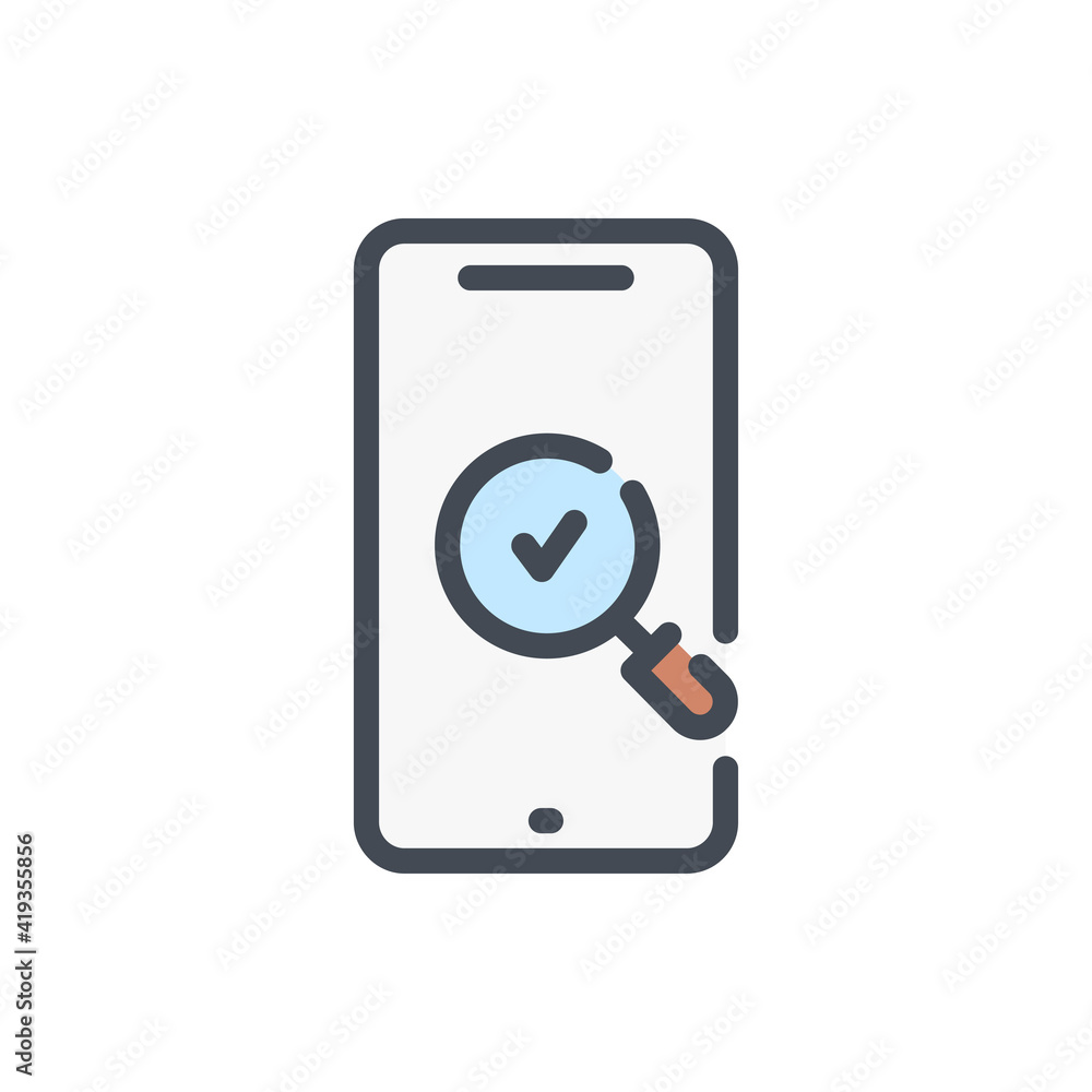 Poster search mobile phone color line icon. smartphone with magnifier glass and check mark vector outline c