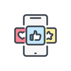 Mobile phone with social media feedback color line icon. Smartphone rating vector outline colorful sign.
