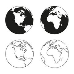 Earth globe icons. earth hemispheres with continents. vector world map set.