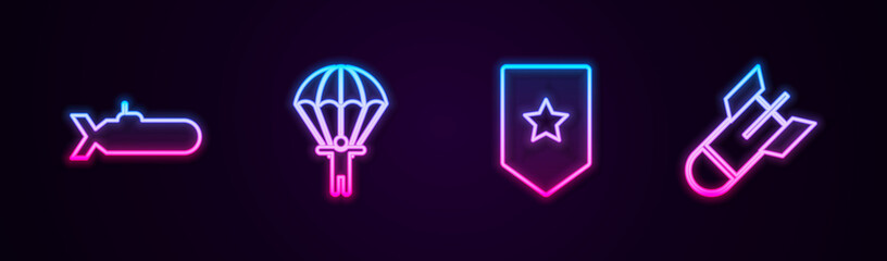 Set line Submarine, Parachute, Chevron and Aviation bomb. Glowing neon icon. Vector.