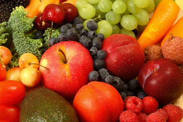 Colorful close up up of  mixed fresh fruit and vegetables