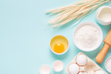 Ingredients for baking on light blue background.