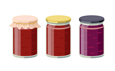 Jelly in jars isolated on white background. Grape, strawberry, cherry jams in glass jars - set of vector illustrations.