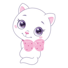 Little white cat with pink bow sitting and looking back. Cartoon vector clipart