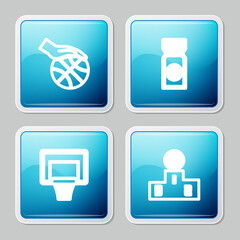 Set line Hand with basketball ball, Basketball game ticket, backboard and Sports winner podium icon. Vector.