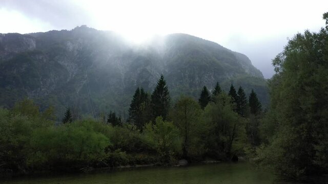 Flying over the beautiful lake Bohinj in Slovenia