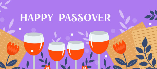 Passover banner. Pesach template for your design with matzah and spring flowers. Happy Passover inscription. Jewish holiday background. Vector illustration