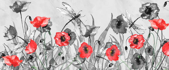 Fototapeta na wymiar Watercolor Frame of Red poppy, branch. Vintage drawing plant. Card with Red poppy flowers. Garden flowers. Thickets of grass. For logo, card, design,frame.Banner.A dragonfly flies over the clearing. 