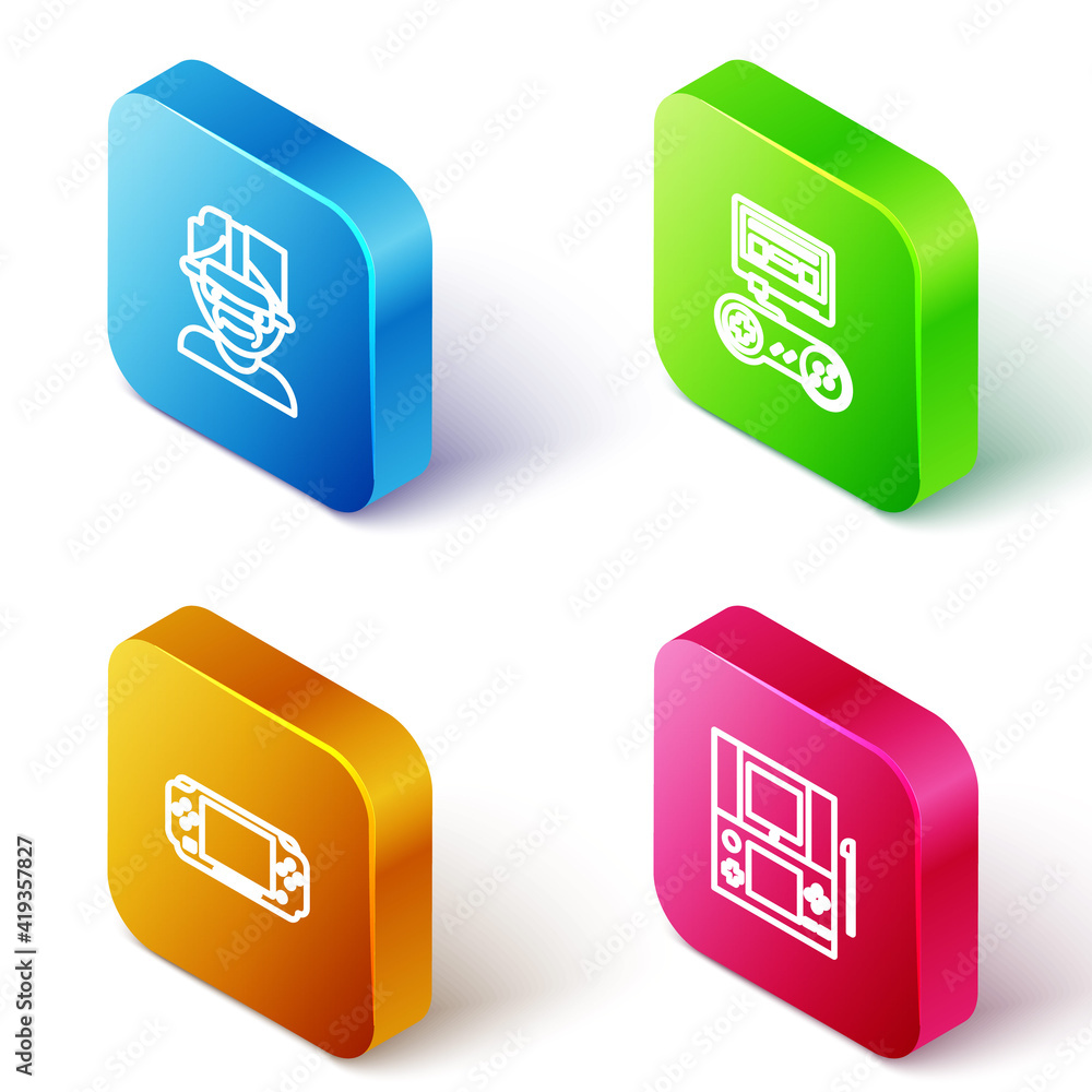 Poster set isometric line virtual reality glasses, game console with joystick, portable video game and icon