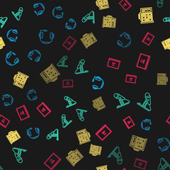 Set line Headphones, Microphone, Slot machine and Laptop on seamless pattern. Vector.