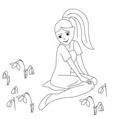 Young girl sitting with daffodils around her. Easter spring festive template. Black and white contour linear illustration can be used for coloring book.