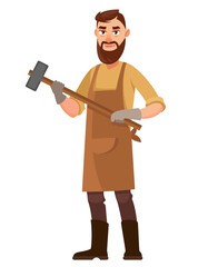 Blacksmith holding hammer. Male person in cartoon style.