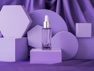 Hyaluronic acid serum bottle on purple background displayed on geometric shape podiums on silk...
