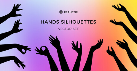 Black Isolated People Hands. Silhouettes of Hand Gesture. Vector Minimalist Realistic Illustrations Set.